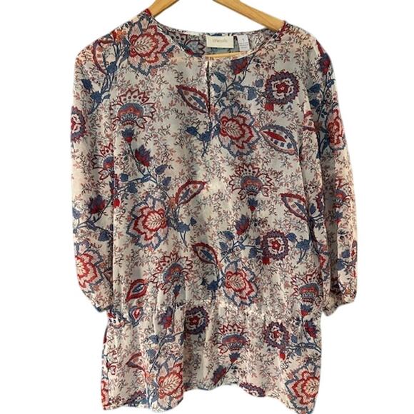 CHICO'S Cream Chinoiserie Pattern Keyhole Sheer Blouse 3/4 Sleeves Size 1, Small - Picture 1 of 9